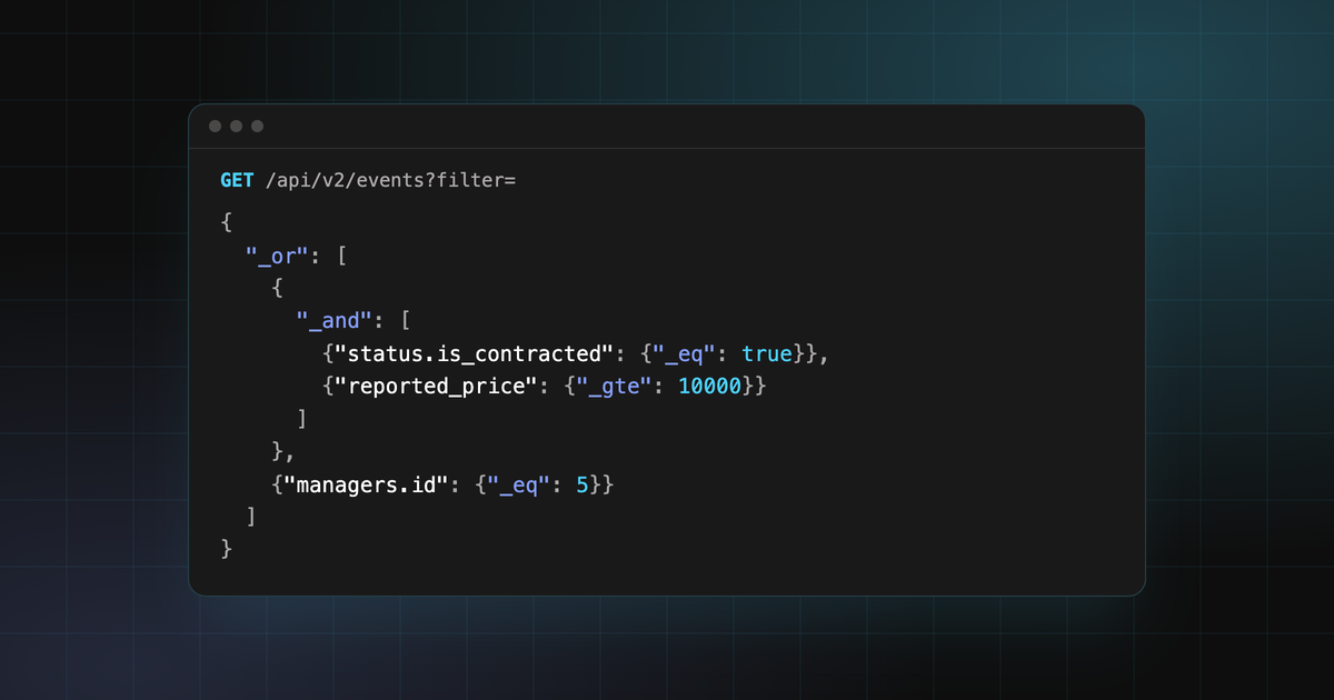 A JSON filter for the events endpoint that matches contracted events of 10,000 or more, or any event managed by user 5