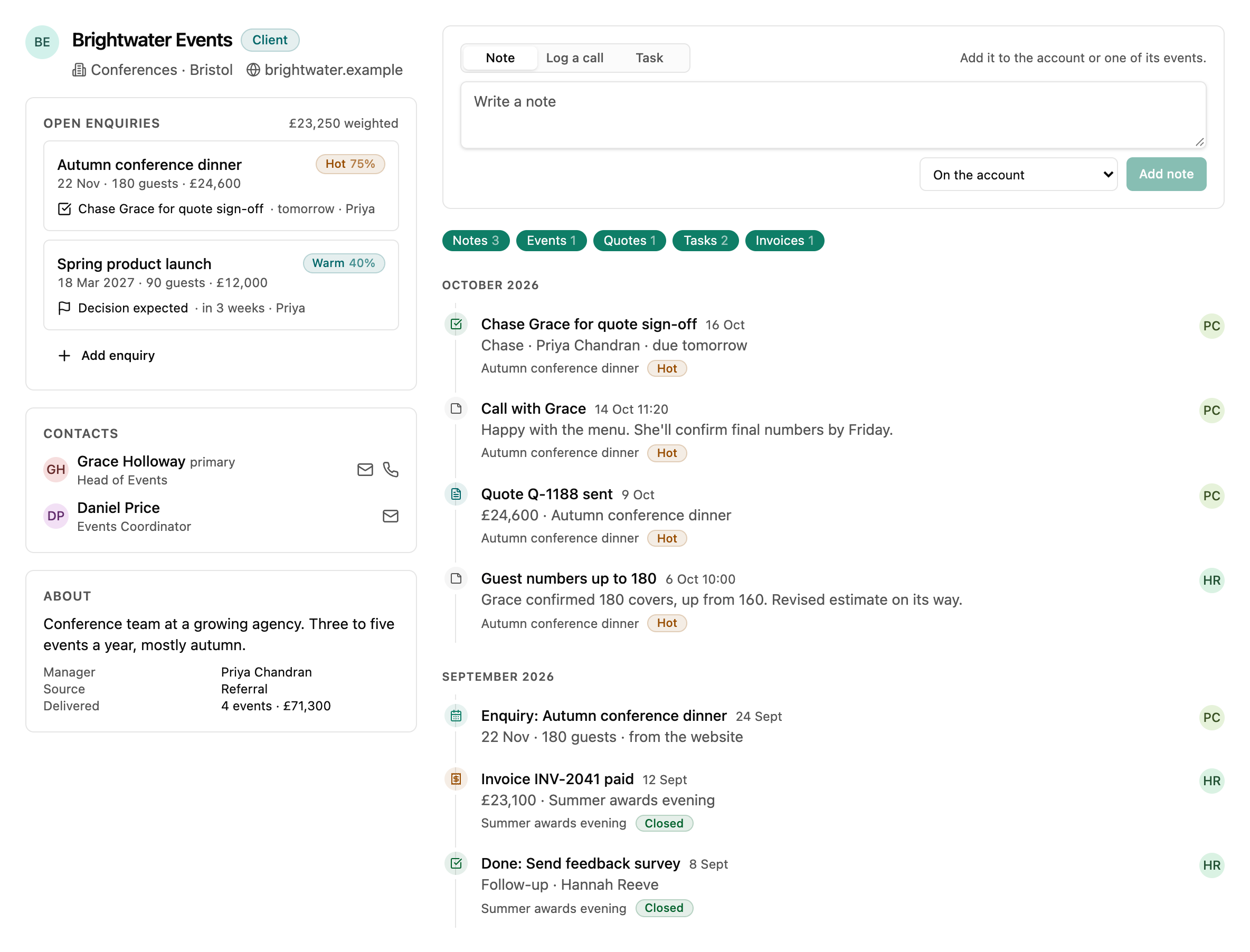 A client page with open enquiries, contacts and details on the left, and a timeline of notes, quotes, tasks and invoices on the right