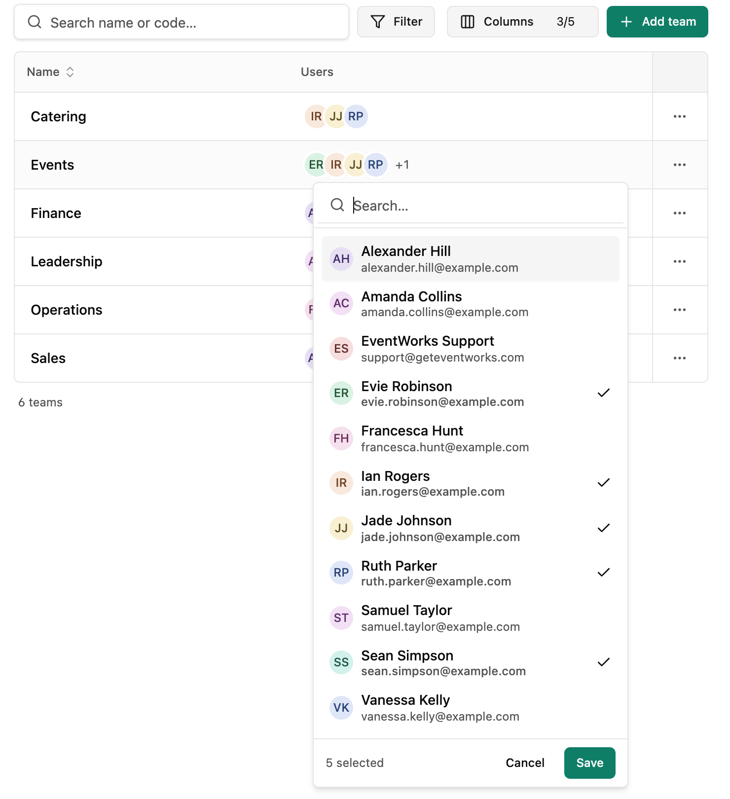 The teams table, with each team's members shown as initials and the Events team open for editing, its members ticked in a list with Save and Cancel