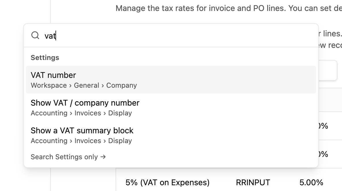 Searching for "vat" lists three VAT settings, each with the menu it sits under